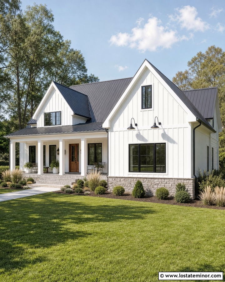 White Farmhouse With Black Barn Lights - 30 White House Design With Light Fixtures Ideas