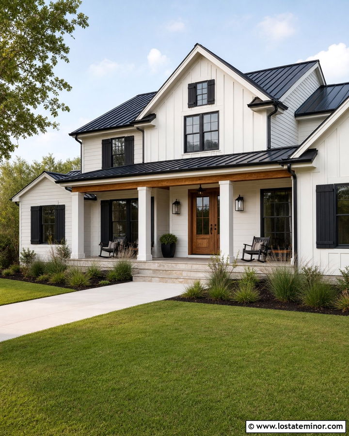 White Farmhouse With Black Board And Batten Shutters - 30 White House Design With Shutters Ideas
