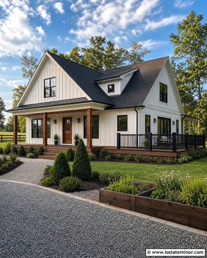White Farmhouse With Black Deck Railing - 30 White House Design With Deck Ideas