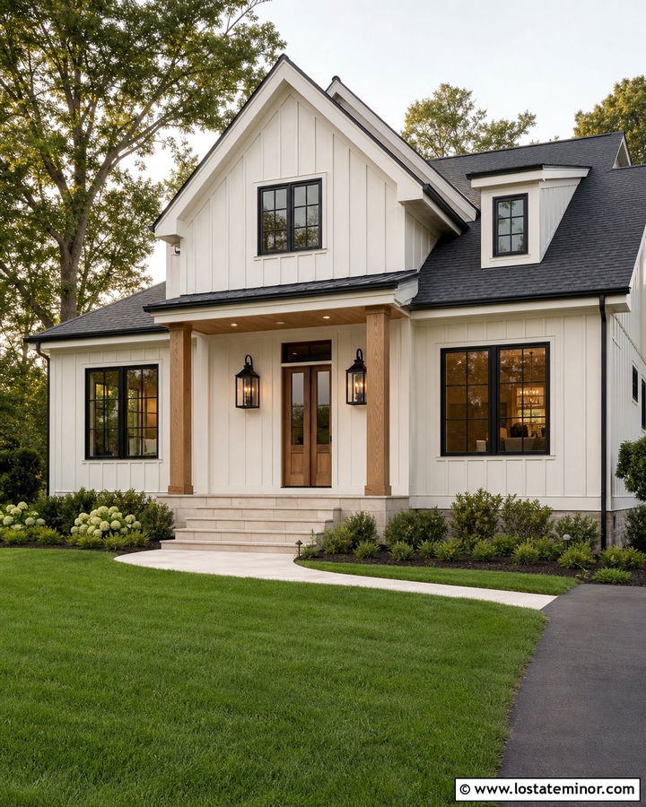 White Farmhouse With Black Lantern Lighting - 30 White House Design With Lighting Ideas