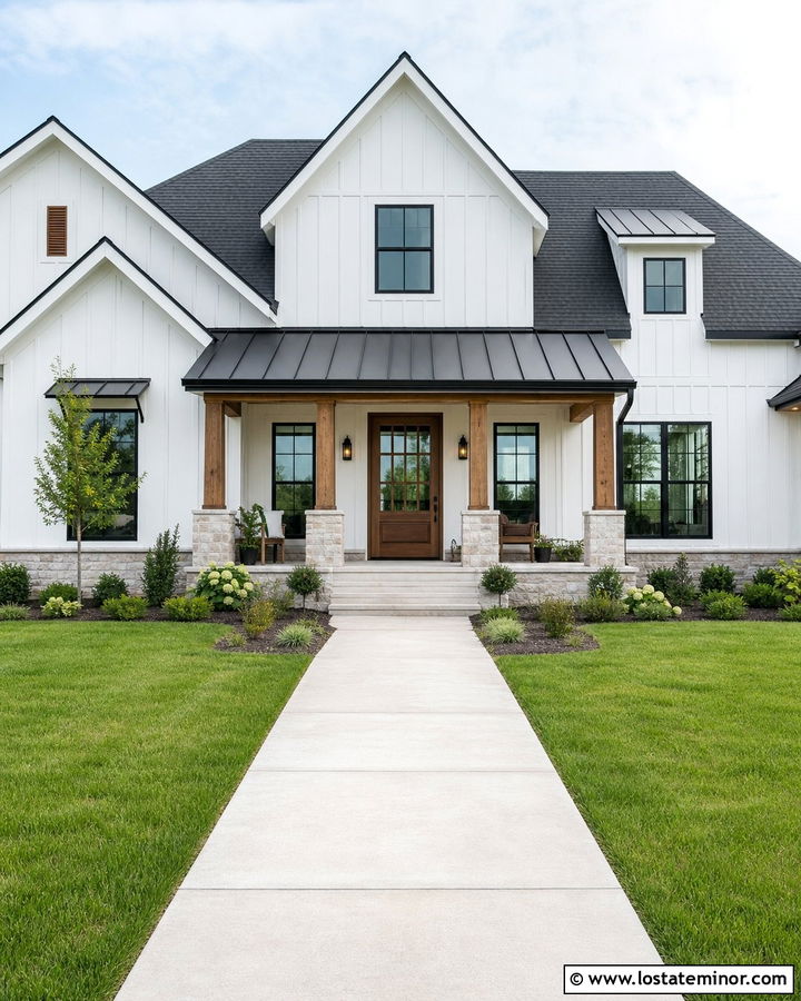 White Farmhouse With Black Metal Awning - 30 White House Design With Awning Ideas