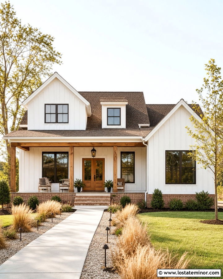 White Farmhouse With Brick Skirt - 30 White House Design With Brick Accents Ideas
