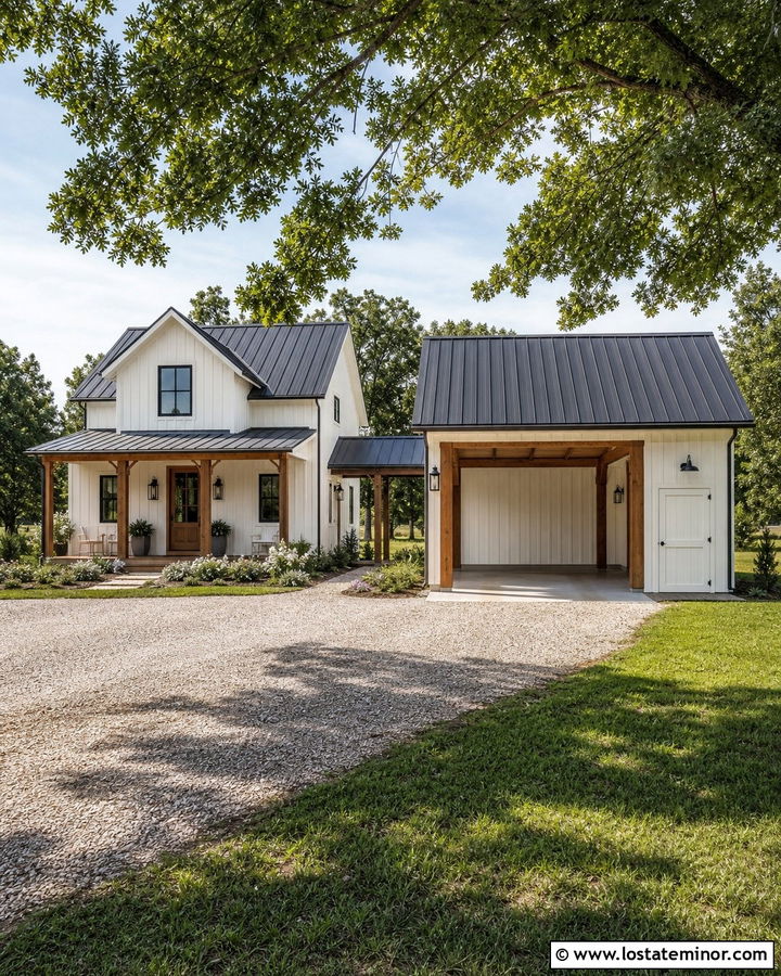 White Farmhouse With Detached Carport - 30 White House Design With Carport Ideas