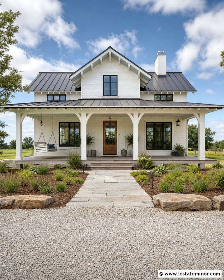 White Farmhouse With Exposed Porch Rafters - 30 White House Design With Porch Ceiling Ideas