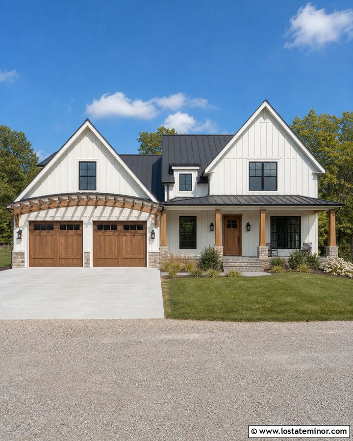 White Farmhouse With Garage Pergola - 30 White House Design With Pergola Ideas