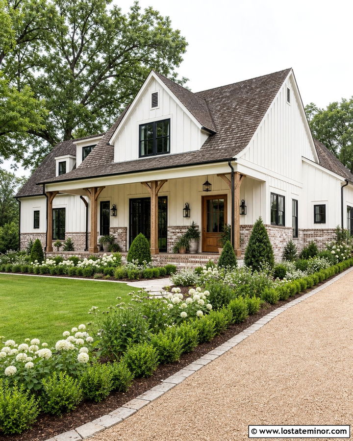 White Farmhouse With German Smear Brick Wainscoting - 30 White House Design With Wainscoting Ideas