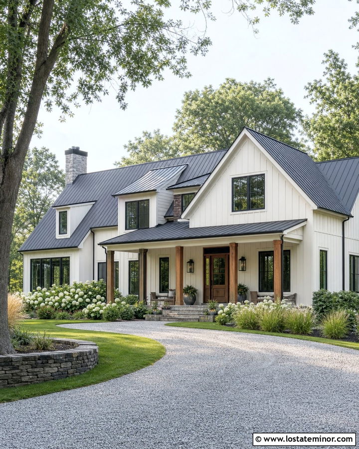 White Farmhouse With Gravel Driveway - 30 White House Design With Driveway Ideas
