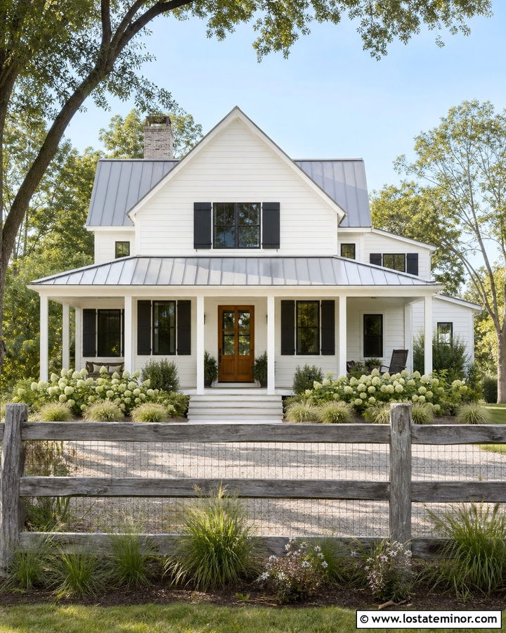 White Farmhouse With Gray Split Rail Fence - 30 White House Design With Fence Ideas