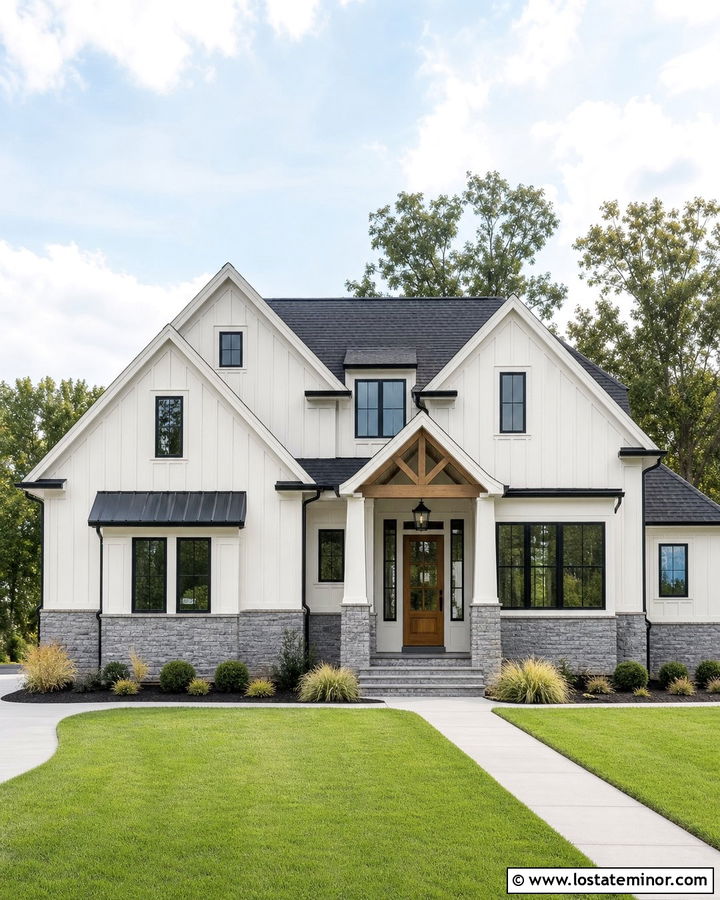White Farmhouse With Gray Stone Wainscoting - 30 Stone House Design With Wainscoting Ideas