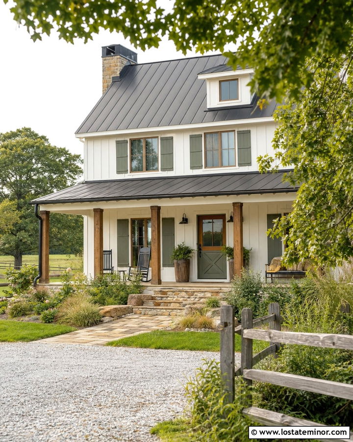 White Farmhouse With Green Crossbuck Storm Door - 30 White House Design With Storm Door Ideas