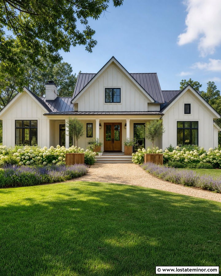 White Farmhouse With Hydrangea Landscaping - 30 White House Design With Landscaping Ideas