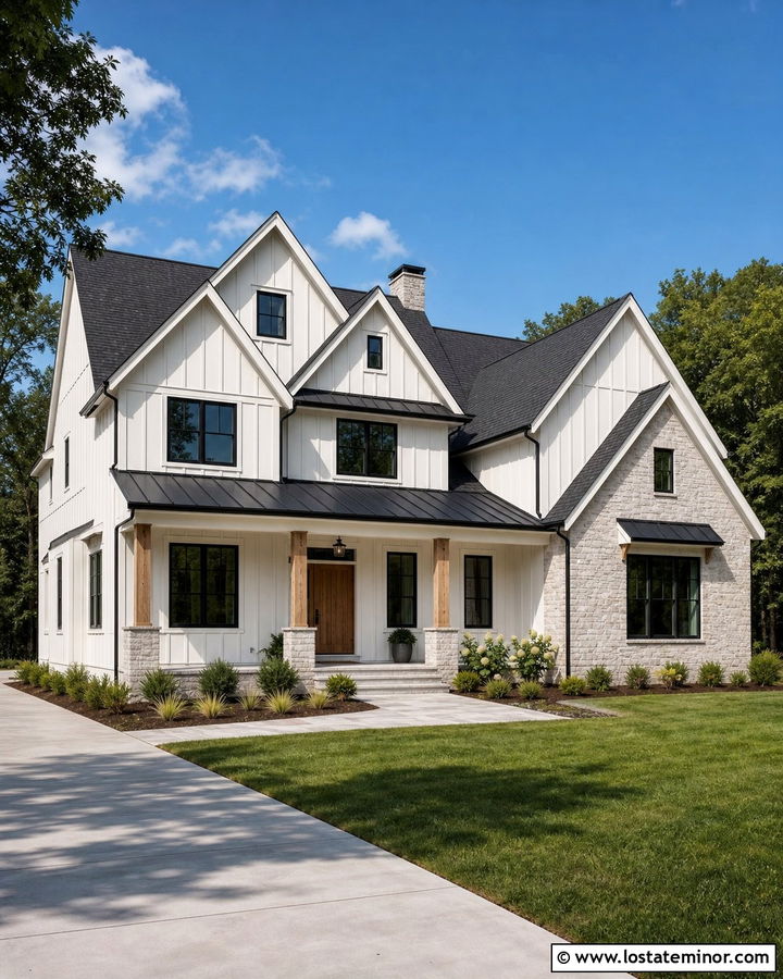 White Farmhouse With Mixed Metal And Shingle Roof - 30 White House Design With Roof Ideas
