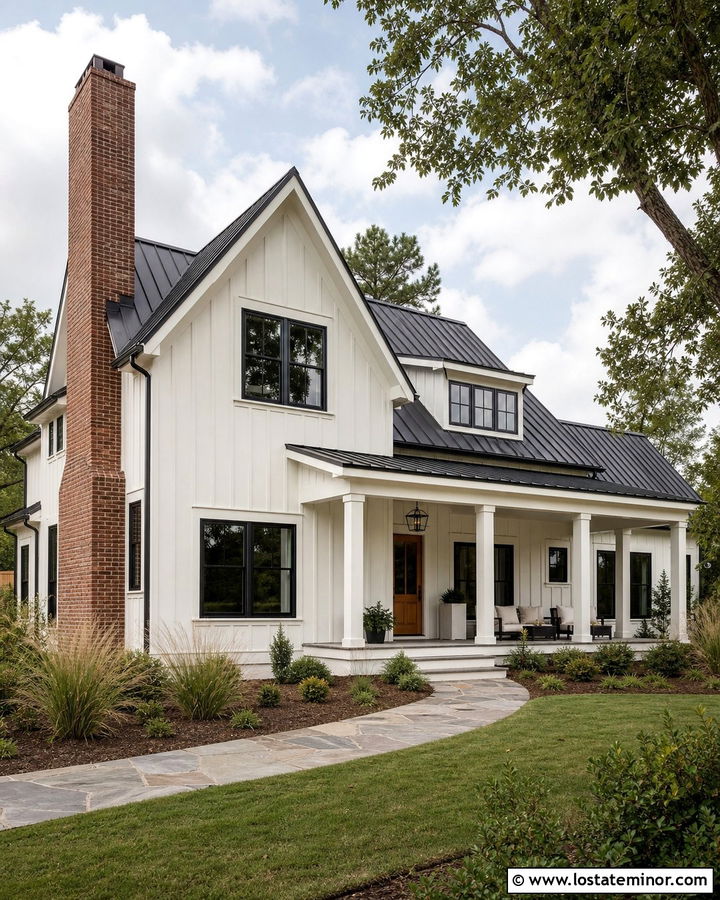 White Farmhouse With Red Brick Chimney - 30 White House Design With Chimney Ideas