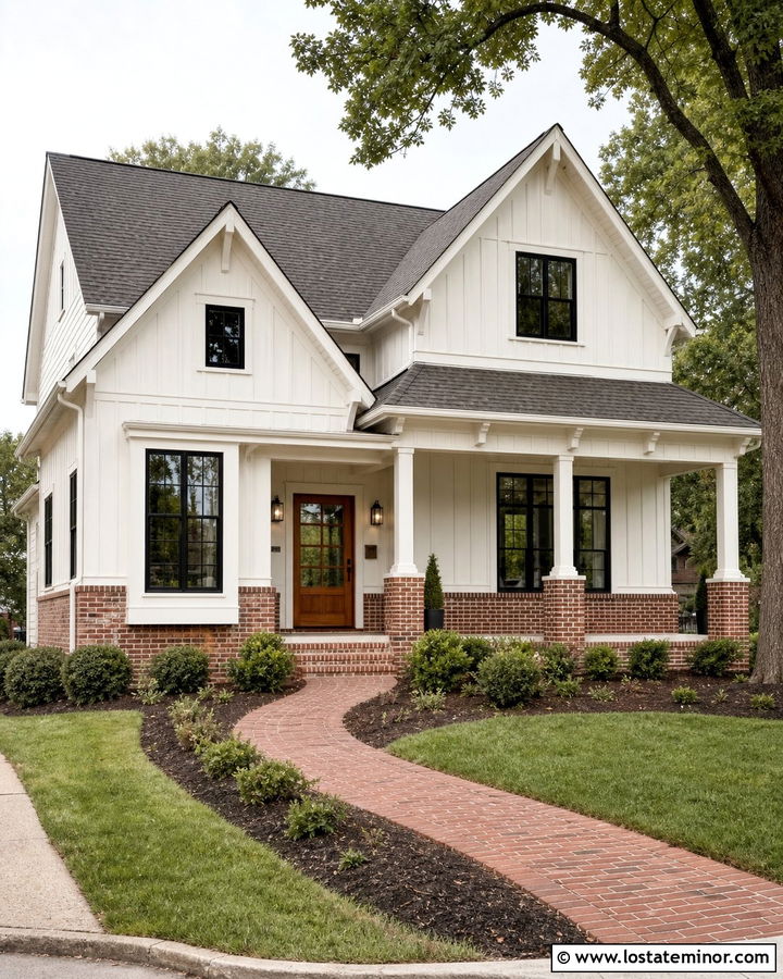 White Farmhouse With Red Brick Wainscoting - 30 White House Design With Wainscoting Ideas