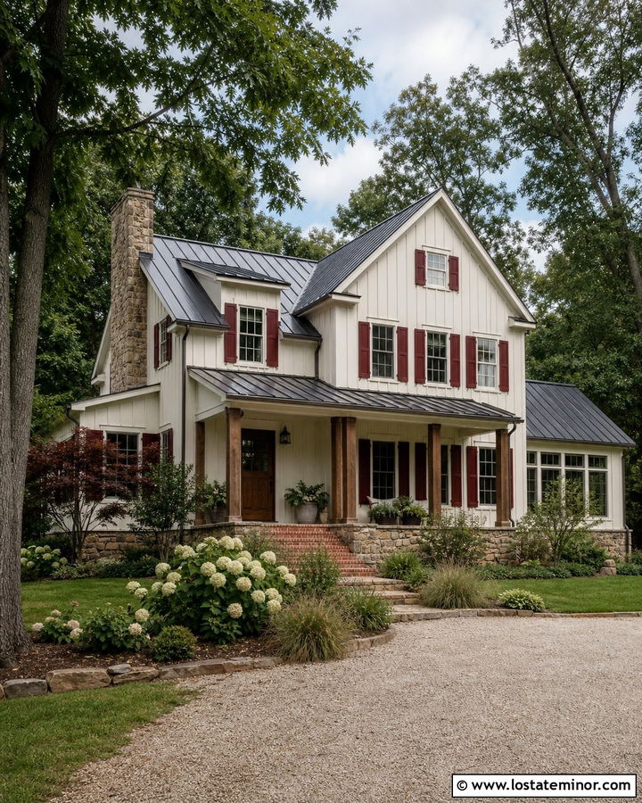White Farmhouse With Red Shutters - 30 White House Design With Shutters Ideas