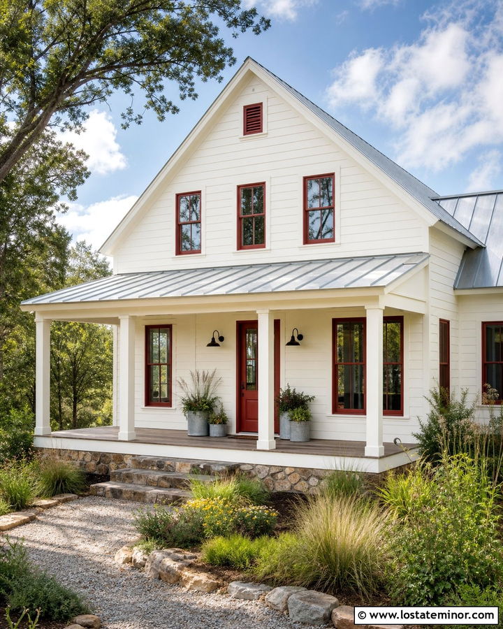 White Farmhouse With Red Window Frames - 30 White House Design With Window Frames Ideas
