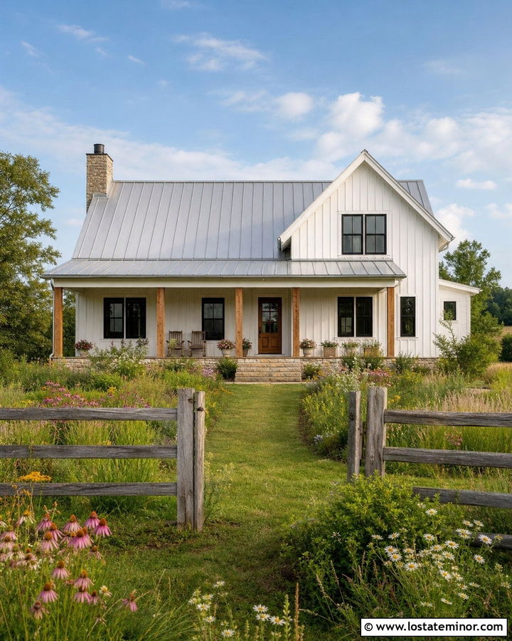 White Farmhouse With Split Rail Fence - 30 White House Design With Front Yard Ideas