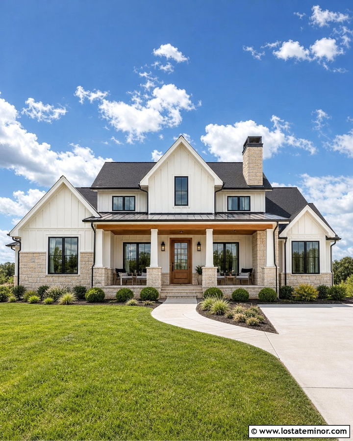 White Farmhouse With Stone Porch Columns - 30 Stone House Design With Stone Accents Ideas