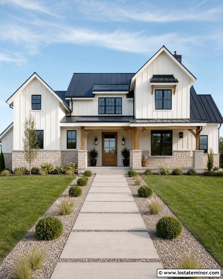 White Farmhouse With Stone Wainscoting - 30 White House Design With Stone Accents Ideas