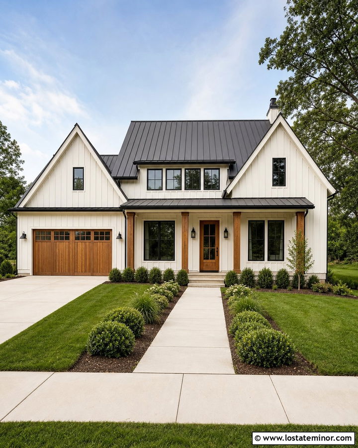 White Farmhouse With Straight Concrete Walkway - 30 White House Design With Walkway Ideas