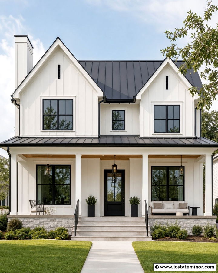 White Farmhouse With White Trim And Black Accents - 30 White House Design With Trim Ideas