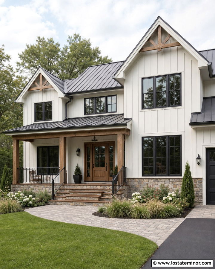 White Farmhouse With Wood And Stone Steps - 30 White House Design With Steps Ideas