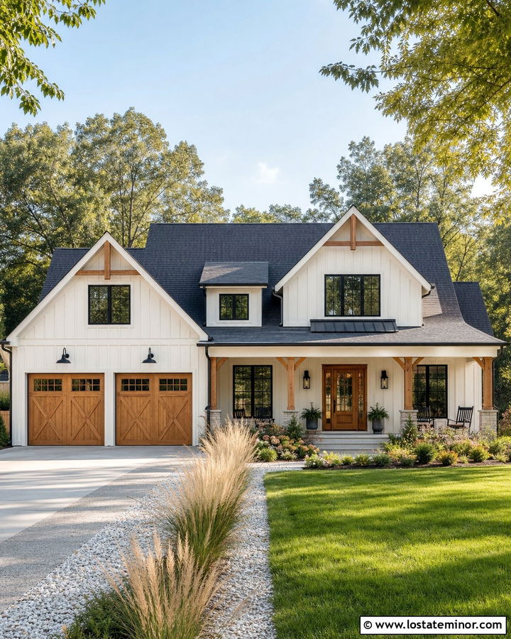 White Farmhouse With Wood Garage Doors - 30 White House Design With Garage Door Ideas