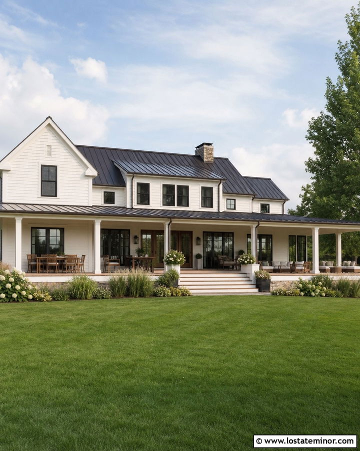 White Farmhouse With Wraparound Backyard Porch - 30 White House Design With Backyard Ideas