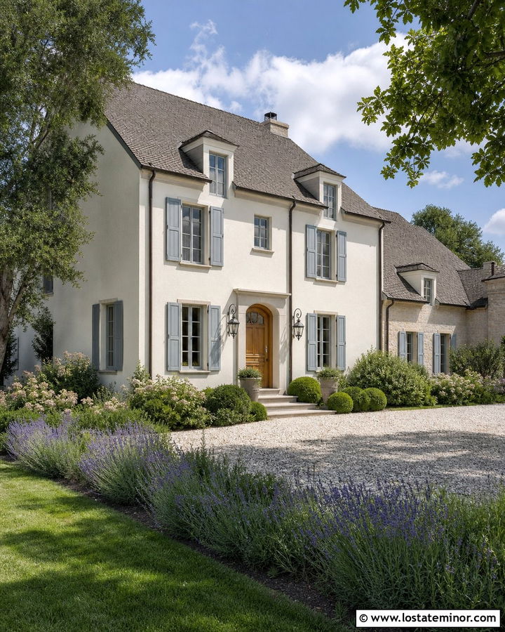 White French Country House With Blue Gray Shutters - 30 White House Design With Shutters Ideas