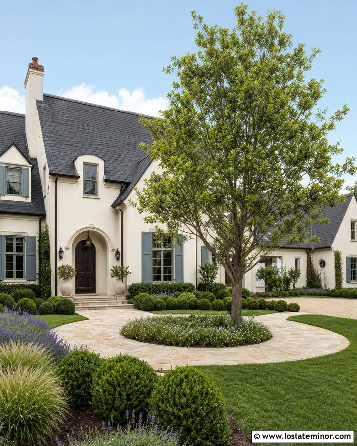 White French Country House With Circular Entry Walkway - 30 White House Design With Walkway Ideas