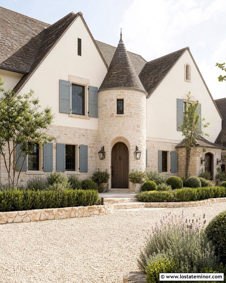 White French Country House With Cream Stone - 30 White House Design With Stone Accents Ideas
