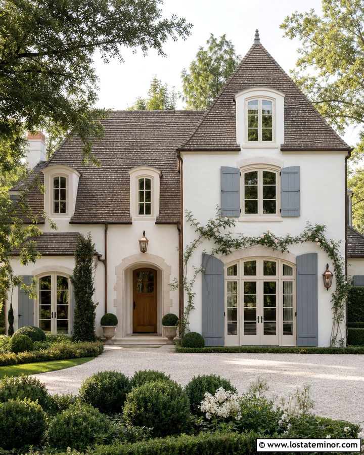 White French Country House With Cream Window Frames - 30 White House Design With Window Frames Ideas