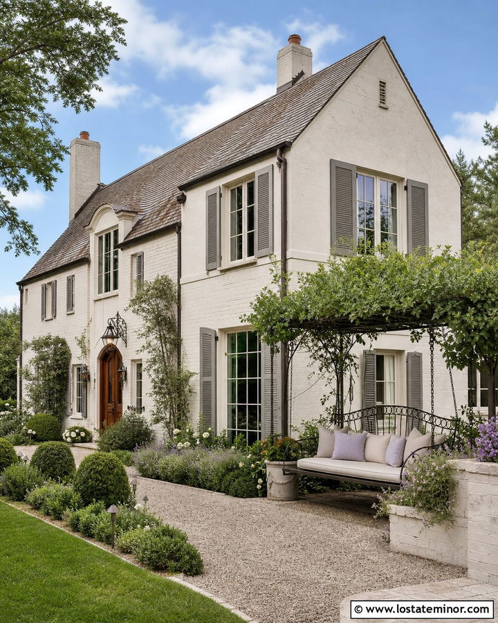 White French Country House With Iron Swing - 30 White House Design With Swing Ideas