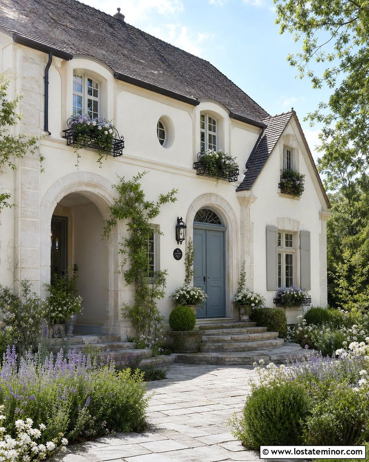 White French Country House With Iron Window Boxes - 30 White House Design With Window Boxes Ideas