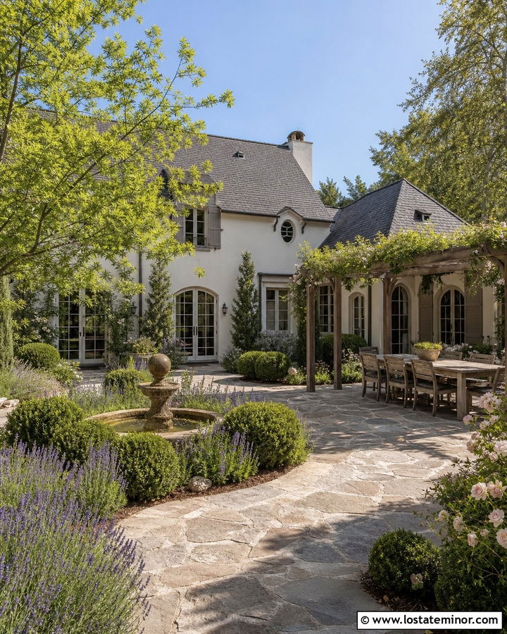 White French Country House With Limestone Backyard Patio - 30 White House Design With Backyard Ideas