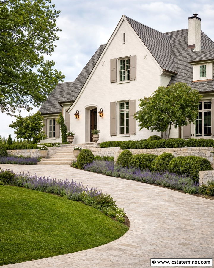 White French Country House With Limestone Driveway - 30 White House Design With Driveway Ideas