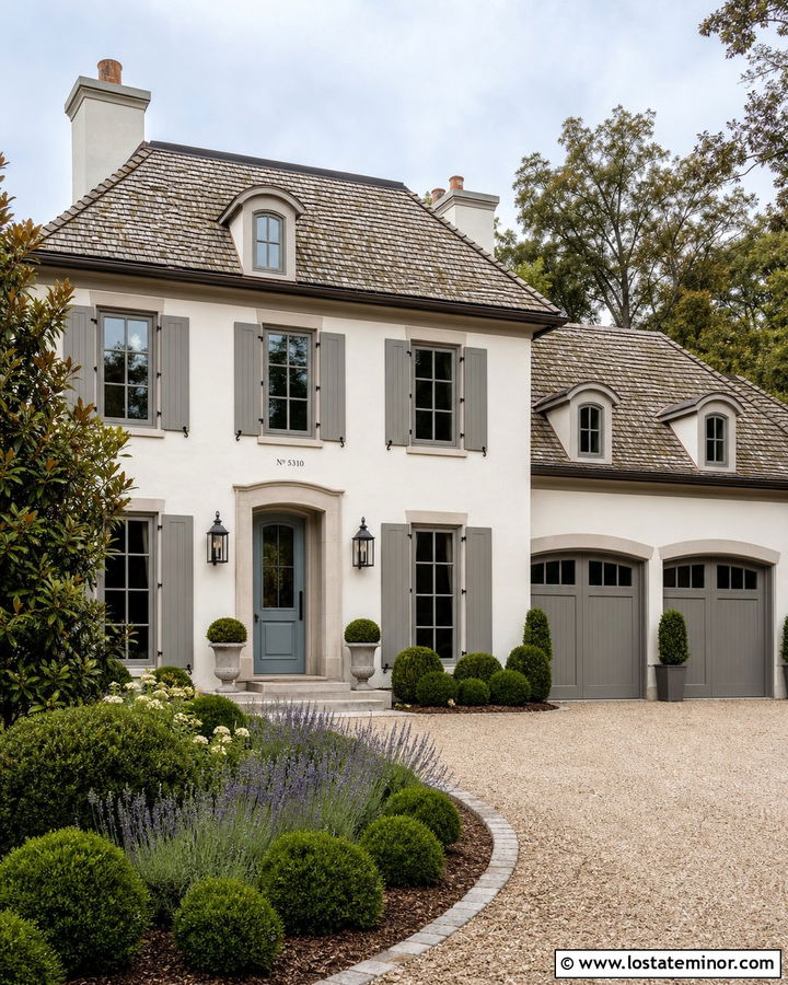 White French Country House With Soft Gray Trim - 30 White House Design With Trim Ideas