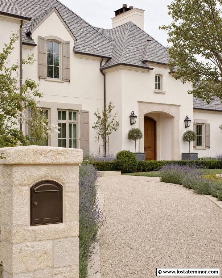 White French Country House With Stone Mailbox - 30 White House Design With Mailbox Ideas
