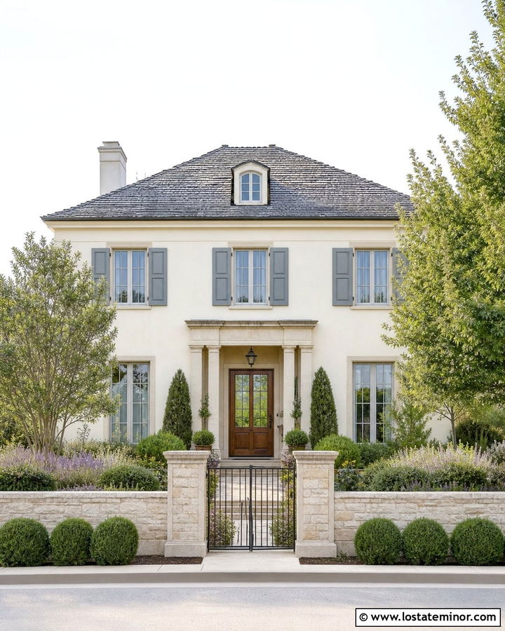 White French Country House With Stone Wall Fence - 30 White House Design With Fence Ideas