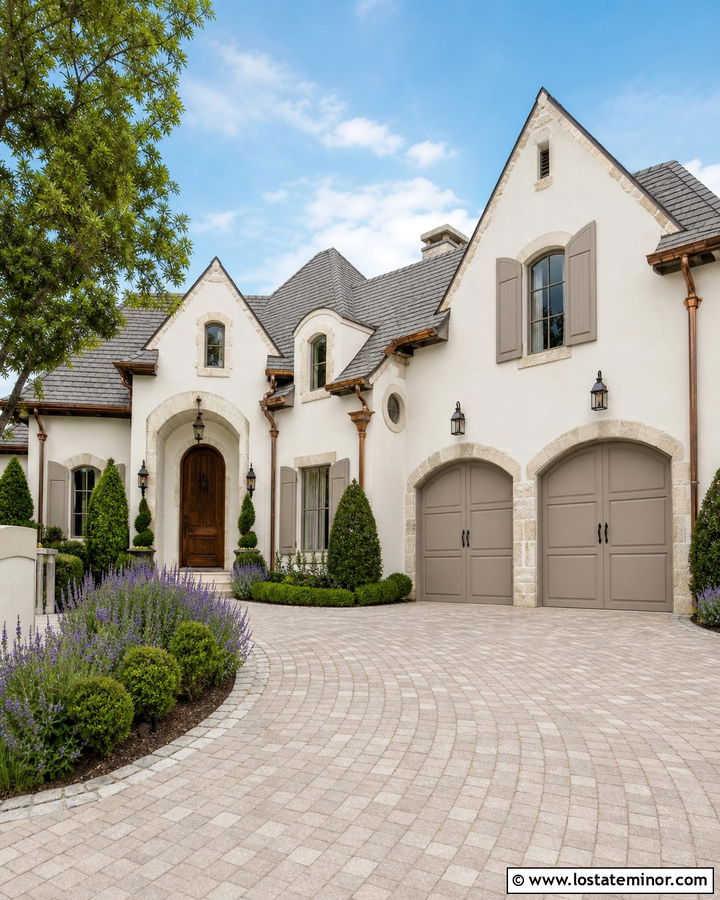 White French Country House With Taupe Garage Doors - 30 White House Design With Garage Door Ideas