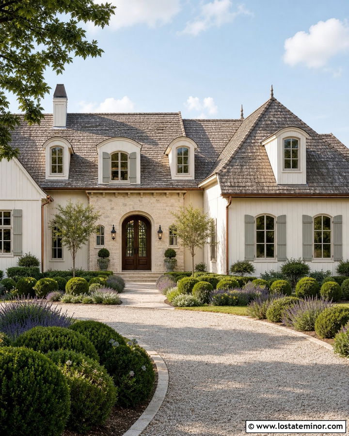 White French Country Siding With Limestone - 30 White House Design With Siding Ideas