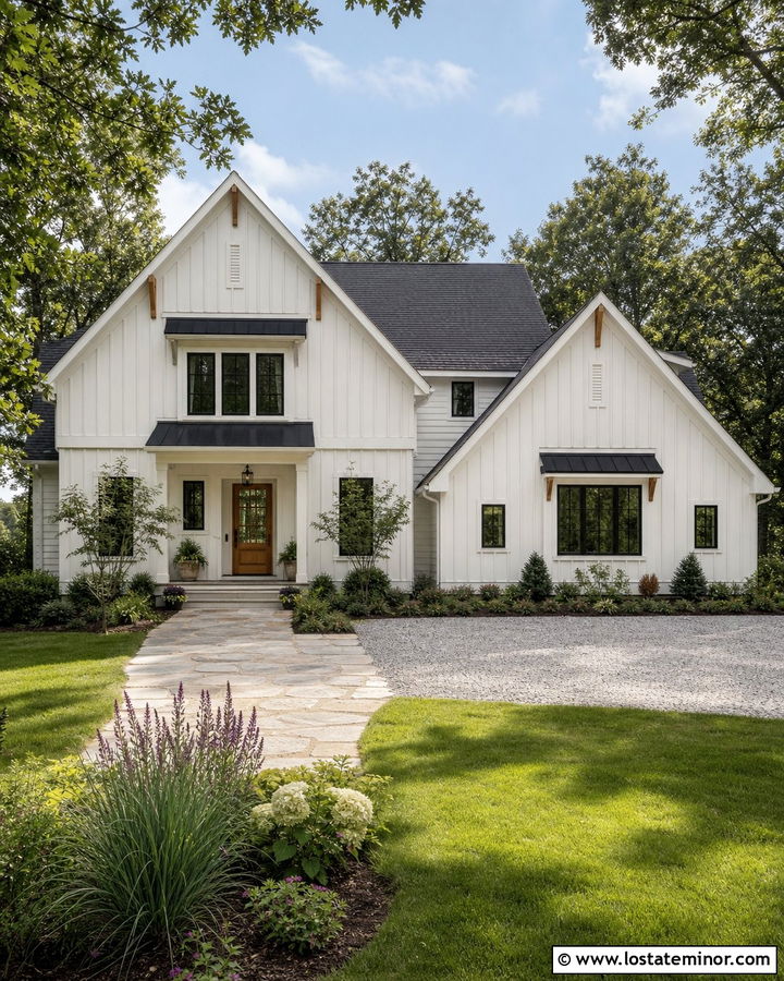 White Gable House With Natural Landscaping - 30 White House Design With Gables Ideas