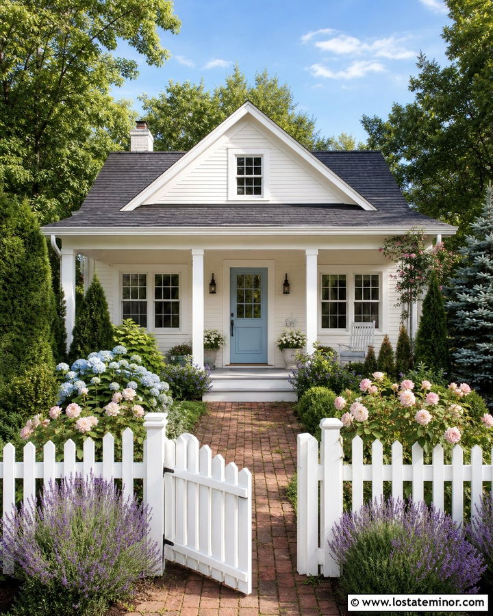 White Garden Cottage With Low White Fence - 30 White House Design With Fence Ideas