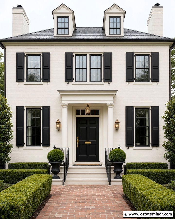 White Georgian House With Black And Brass Trim - 30 White House Design With Trim Ideas