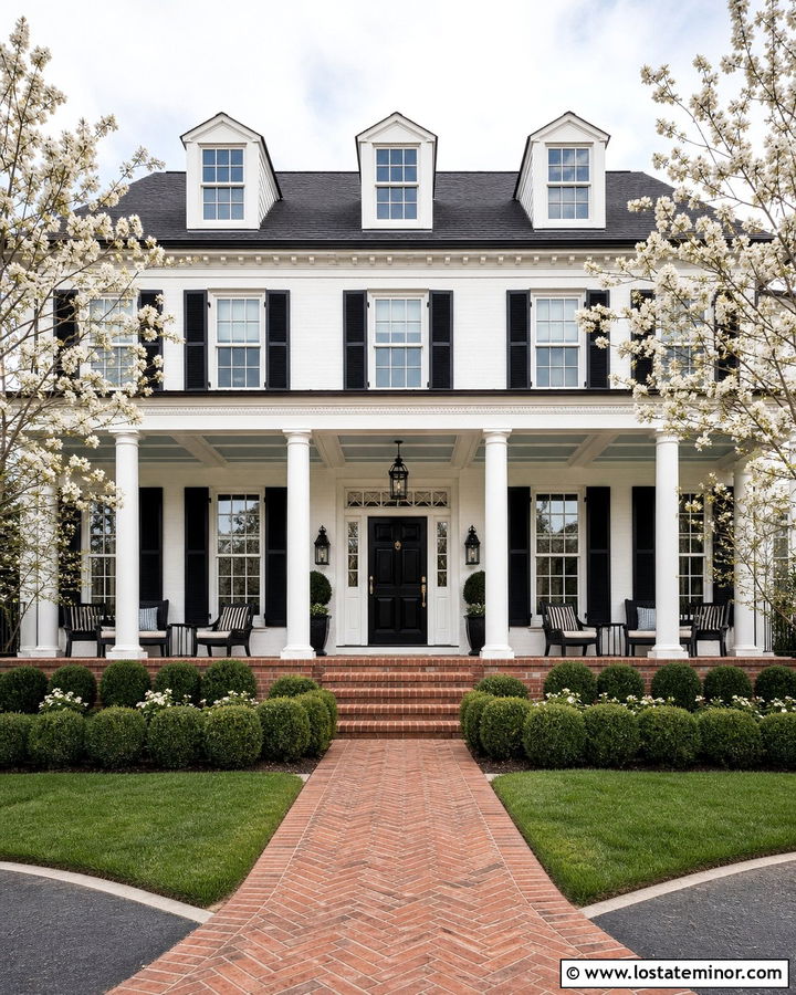 White Georgian House With Coffered Porch Ceiling - 30 White House Design With Porch Ceiling Ideas