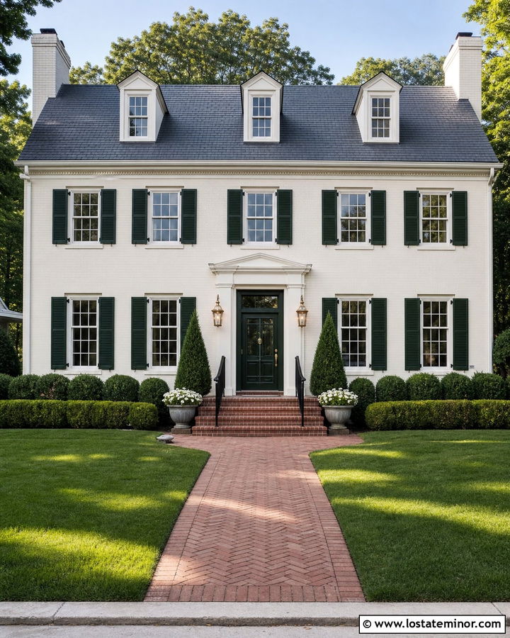White Georgian House With Dark Green Storm Door - 30 White House Design With Storm Door Ideas