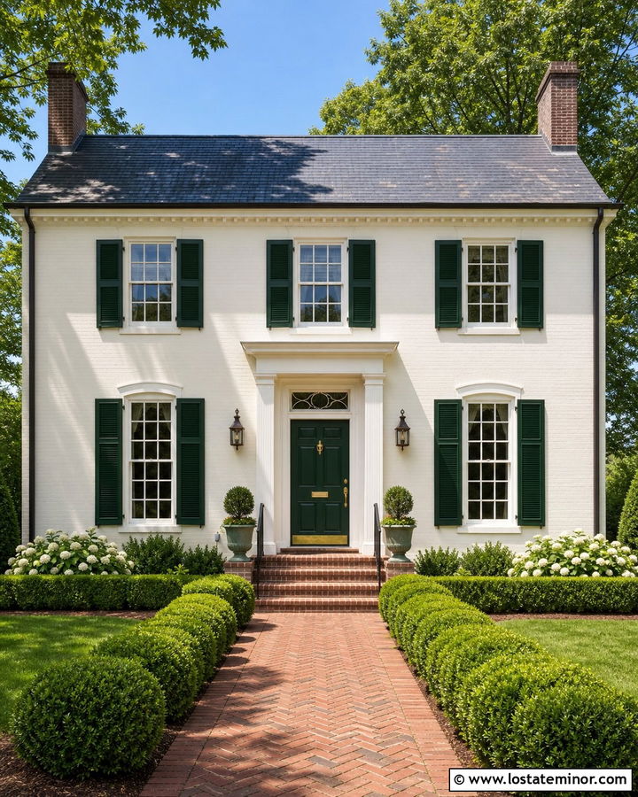 White Georgian House With Forest Green Shutters - 30 White House Design With Shutters Ideas