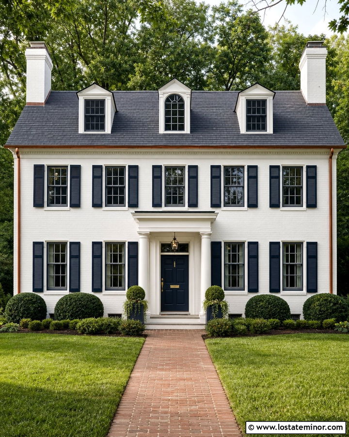 White Georgian House With Navy Window Frames - 30 White House Design With Window Frames Ideas