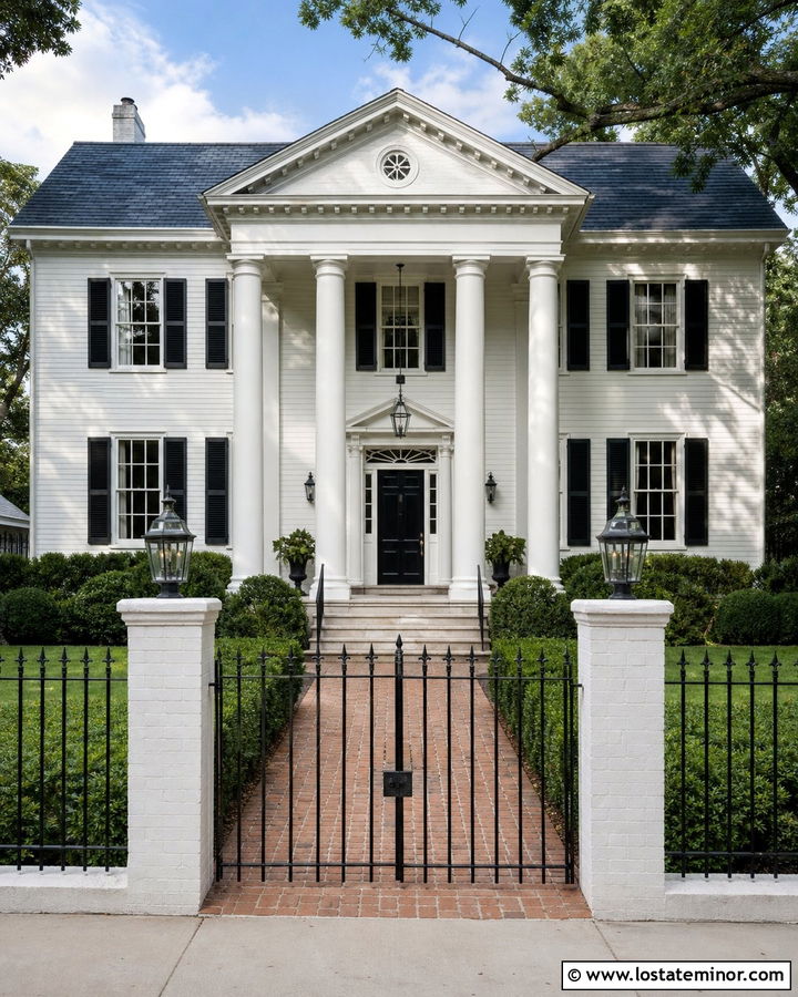 White Greek Revival House With Black Estate Fence - 30 White House Design With Fence Ideas