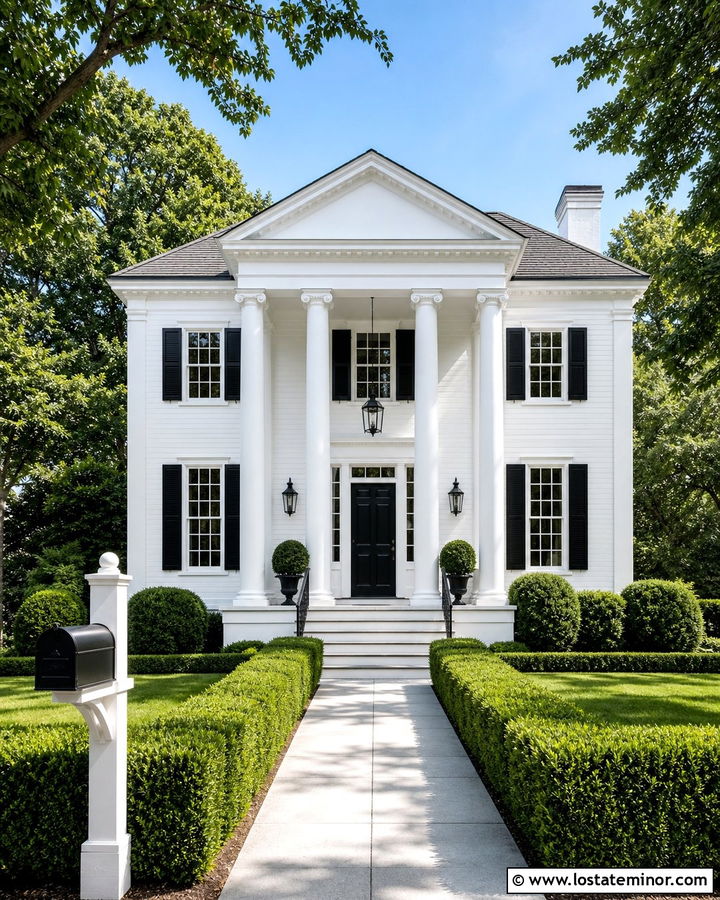 White Greek Revival House With Black Mailbox - 30 White House Design With Mailbox Ideas